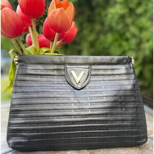 MARIO VALENTINO Vintage Black Leather Stripe Clutch Bag
